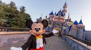 Disneyland Reopening Mickey Mouse in front of a Castle ;