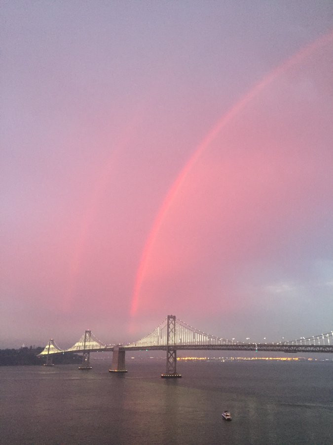 Double Red Rainbow over the Bay Bridge ;