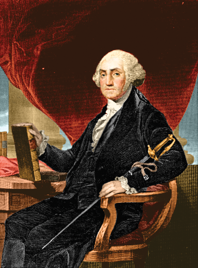 President George Washington sitting in a chair;