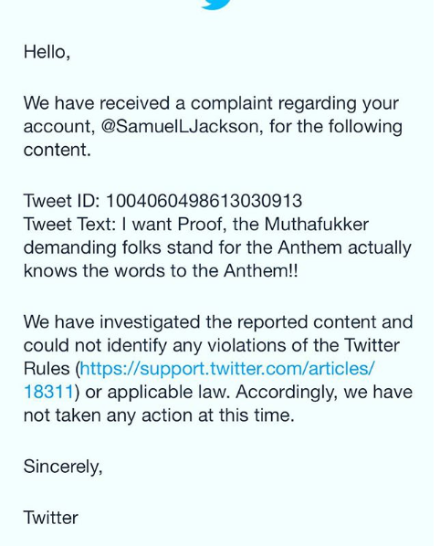 Samuel L Jackson Twitter Violation Notice