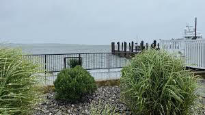 Some shrubs, a pier, and a boat in the water on a beach;