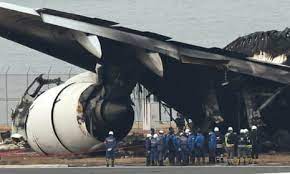 Wreckage from the Japan Coast Guard aircraft and Japan Airlines collision;